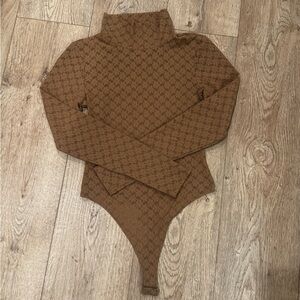 Womens Open Edit nude floral lace turtle neck thong sheer bodysuit XS